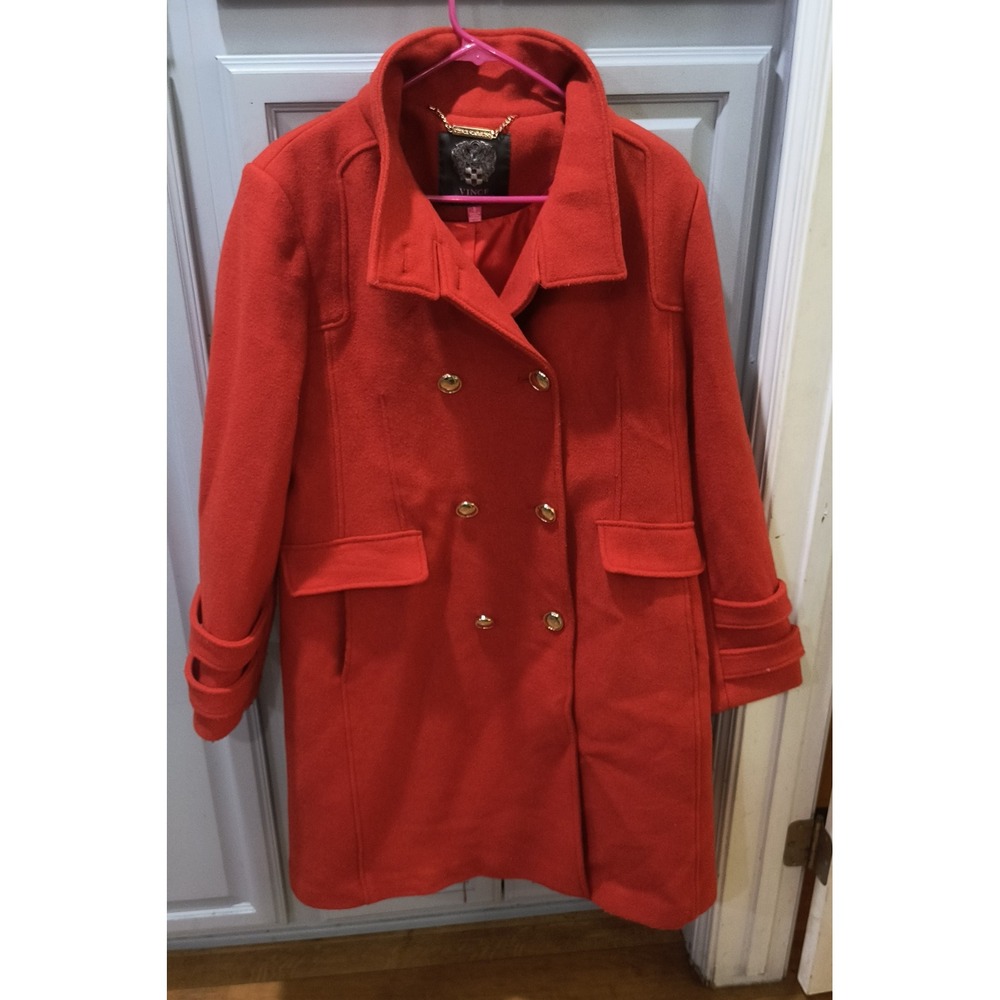 Vince Camuto Red Wool Blend Heavy Winter Coat Jacket Gold Hardware Flap Pockets